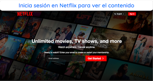 Captura de pantalla de la página de inicio de sesión de Netflix