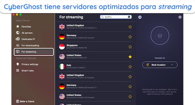 Captura de pantalla de los servidores optimizados de CyberGhost para Netflix