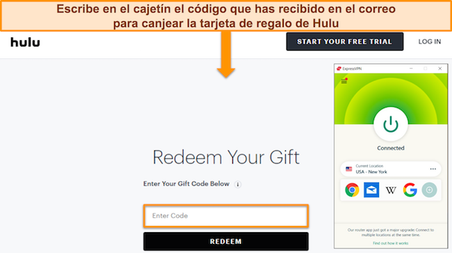 Captura de pantalla de la página de canje de tarjetas de regalo de Hulu en el sitio web, con ExpressVPN conectado a un servidor de EE. UU. y Nueva York