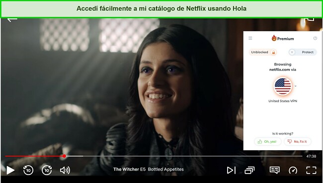 Una captura de pantalla de Hola trabajando con Netflix