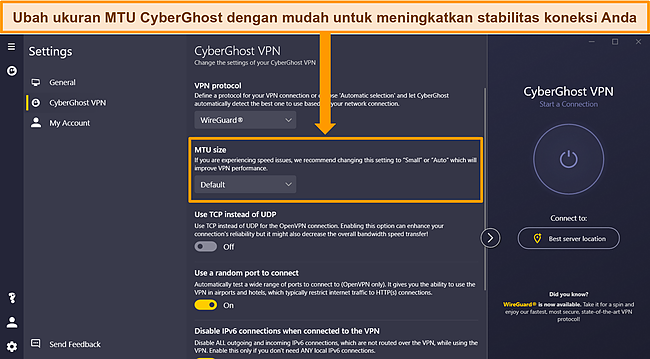 Tangkapan layar aplikasi Windows CyberGhost dengan ukuran MTU di Pengaturan disorot.