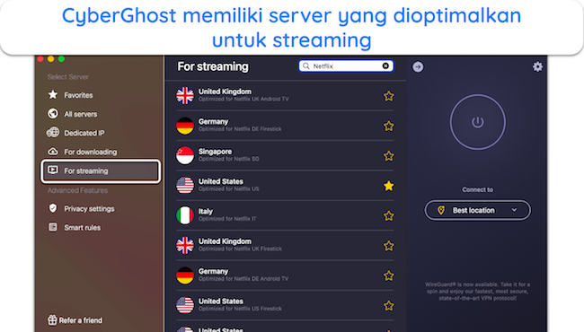 Tangkapan layar server CyberGhost yang dioptimalkan untuk Netflix