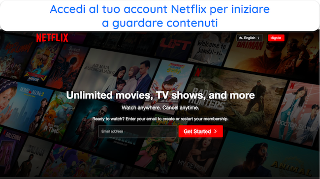 Screenshot della pagina di accesso di Netflix