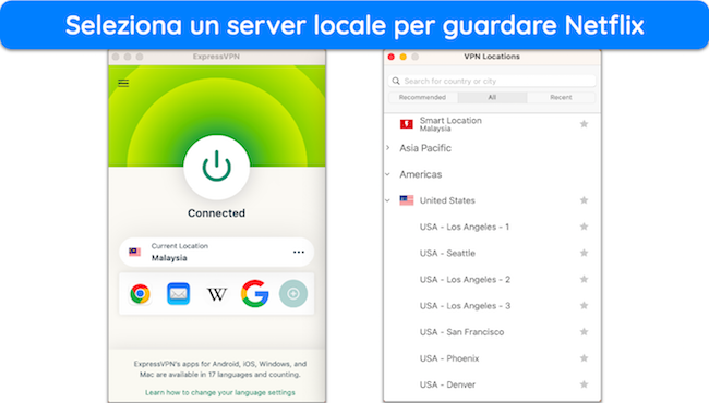 Screenshot dell'app ExpressVPN