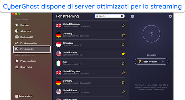 Screenshot dei server ottimizzati di CyberGhost per Netflix