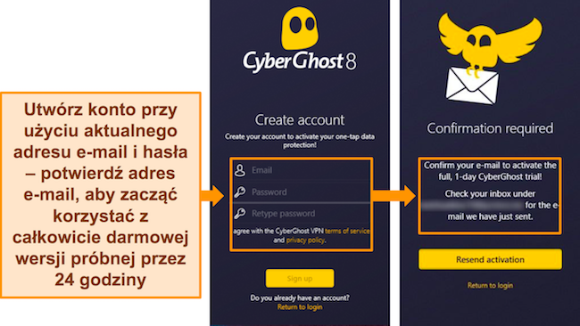 Zrzuty ekranu aplikacji CyberGhost dla systemu Windows, pokazujące proces tworzenia konta w celu uzyskania 24-godzinnego bezpłatnego okresu próbnego