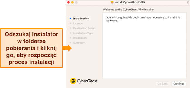 Zrzut ekranu przedstawiający instalację CyberGhost na urządzeniu z systemem macOS