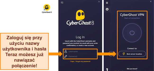 Zrzut ekranu aplikacji CyberGhost dla systemu Windows z podświetloną sekcją nazwy użytkownika i hasła