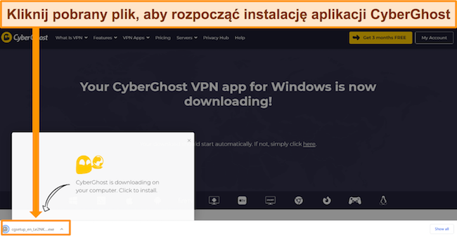 Zrzut ekranu przedstawiający pobieranie aplikacji CyberGhost na urządzenie z systemem Windows