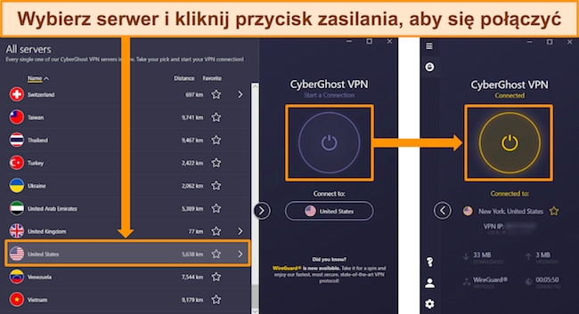 Zrzuty ekranu przedstawiające menu serwera CyberGhost ze szczegółowym opisem sposobu łączenia się z serwerem w USA