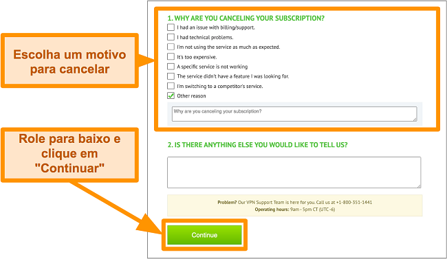 Captura de tela do motivo de cancelamento do IPVanish na área de trabalho