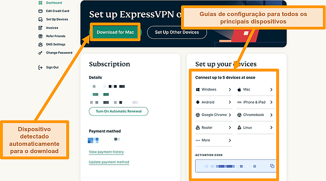 Captura de tela dos guias de configuração de dispositivos e botões de download ExpressVPN para Mac.