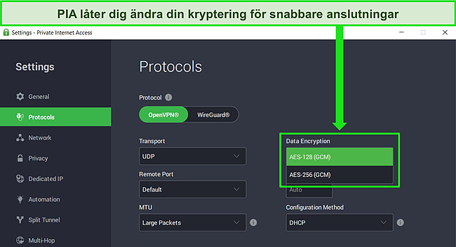 Skärmdump av PIA:s Windows-app med öppna protokollinställningar, som visar OpenVPN-datakrypteringsalternativ.