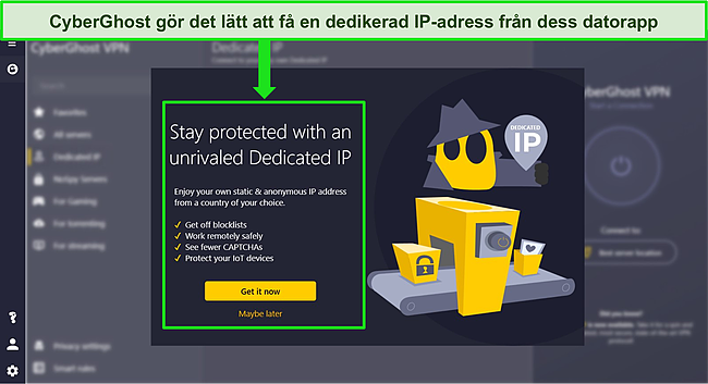 Skärmdump av CyberGhosts Windows-app som visar det dedikerade IP-adresstillägget.