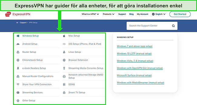 Skärmdump av ExpressVPNs supportcenter på sin webbplats, som visar installationsguider för alla enheter som stöds.