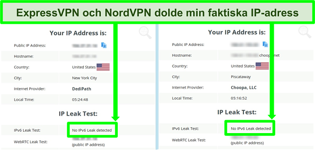 Skärmdump som visar ingen IPv6-läcka upptäckt för både NordVPN och ExpressVPN