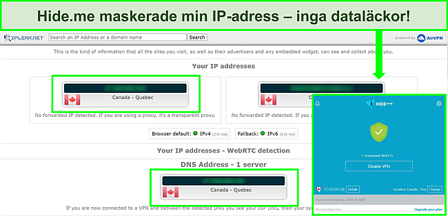 Skärmdump av Hide.mes IP Leak-testresultat när den är ansluten till en server i Kanada