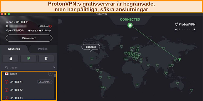 Skärmdump av Proton VPN ansluten till en gratis server i Japan.