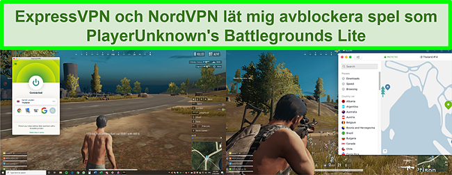 Jämförelse skärmdumpar av en användare som spelar PlayUnknown's Battlegrounds Lite när den är ansluten till ExpressVPN respektive NordVPN