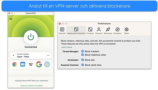 Skärmdump av ExpressVPN ansluten till en server och dess blockeringsalternativ för Advanced Protection