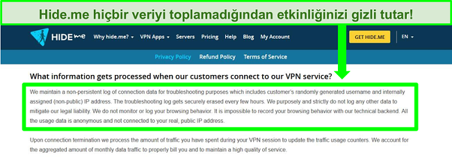 Hide.me gizlilik politikasının hiçbir veri günlüğünün tutulmadığını gösteren ekran görüntüsü