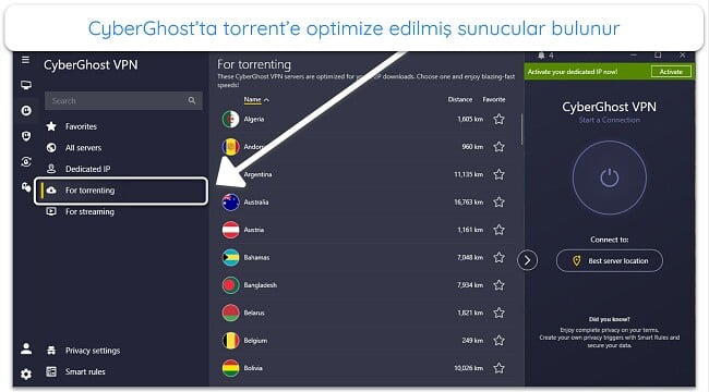 CyberGhost'un torrent için optimize edilmiş sunucularının ekran görüntüsü