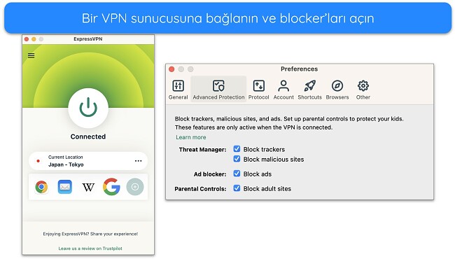 Bir sunucuya bağlı ExpressVPN'in ve Gelişmiş Koruma engelleyici seçeneklerinin ekran görüntüsü