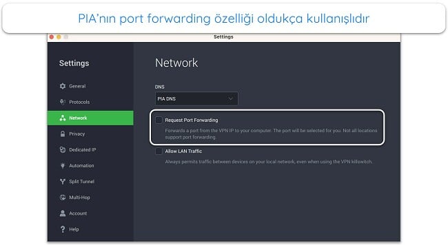 PIA'nın uygulamasındaki bağlantı noktası yönlendirme özelliğinin ekran görüntüsü