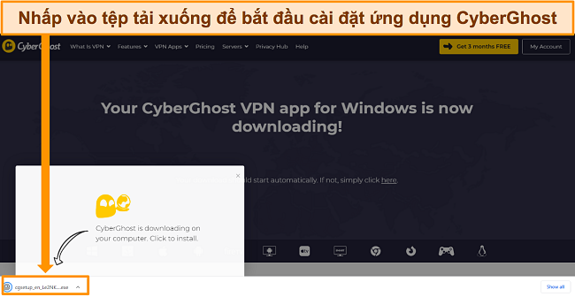 Ảnh chụp màn hình ứng dụng CyberGhost đang tải xuống thiết bị Windows.