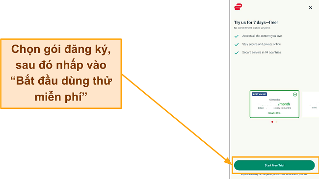 Ảnh chụp màn hình của trang lựa chọn gói với nút 