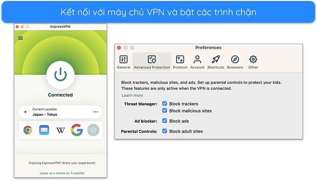 Ảnh chụp màn hình ExpressVPN được kết nối với máy chủ và các tùy chọn chặn Bảo vệ nâng cao của nó