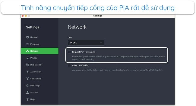 Ảnh chụp màn hình tính năng chuyển tiếp cổng của PIA trên ứng dụng của nó