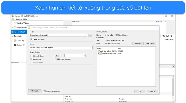 Ảnh chụp màn hình cửa sổ bật lên chi tiết tải xuống trên uTorrent