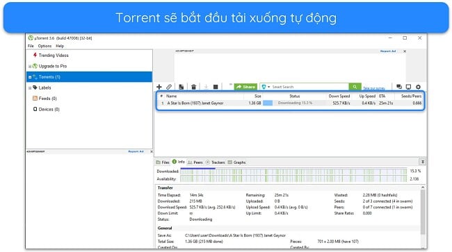 Ảnh chụp màn hình tải xuống 'A Star is Born' trên uTorrent