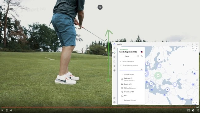 Screenshot showing a CT Sports live broadcast playing while connected to a NordVPN server in the Czech Republic