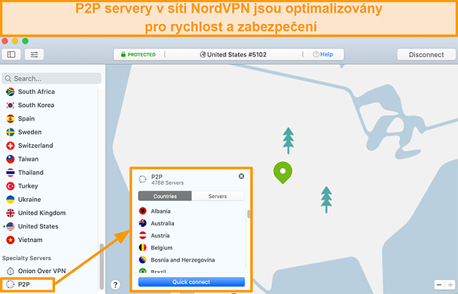 Screenshot serverů P2P společnosti NordVPN v aplikaci pro Mac