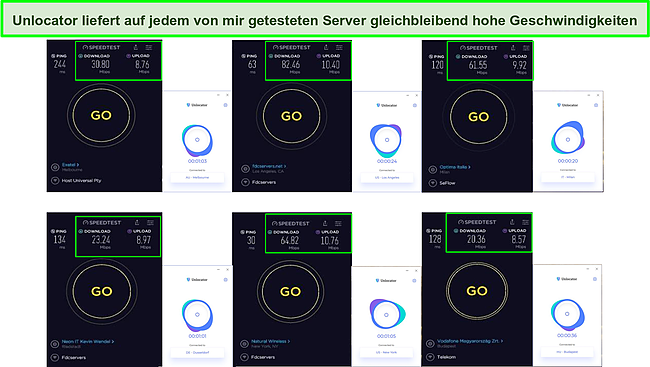 Screenshot von Geschwindigkeitstests bei der Verwendung von Unlocator VPN.