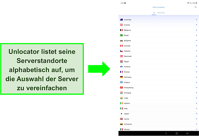 Screenshot der Serverstandorte, die auf Unlocator VPN verfügbar sind.