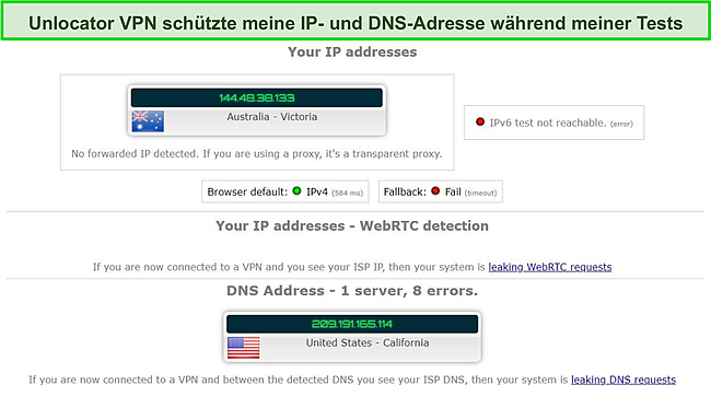 Screenshot der Lecktestergebnisse bei der Verwendung von Unlocator VPN.