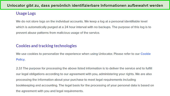 Screenshot der Datenschutzrichtlinie von Unlocator VPN, die zeigt, dass Daten wie Ihre echte IP-Adresse vorübergehend protokolliert werden.