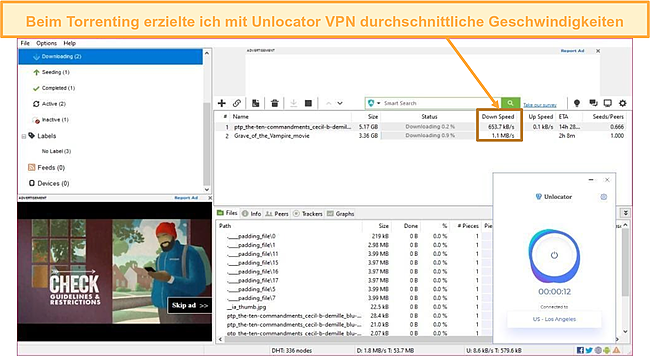 Screenshot, der zeigt, dass Unlocator VPN beim Torrenting mit dem P2P-Server in Spanien anständige Geschwindigkeiten erzeugt hat.