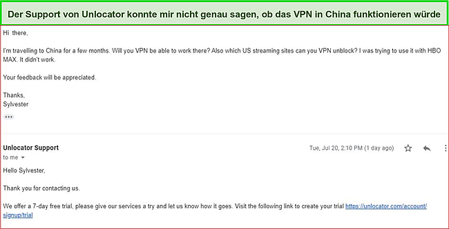 Screenshot meiner E-Mail-Konversation mit einem Unlocator VPN-Supportmitarbeiter.