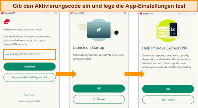Screenshots der Windows-App von ExpressVPN, die zeigen, wo der Aktivierungscode und die App-Einstellungen eingegeben werden müssen