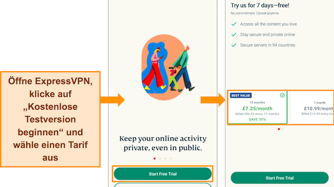 Bilder der Android-App von ExpressVPN, die den Benutzer dazu auffordert, auf die Option „Kostenlose Testversion starten“ zu klicken und ein Abonnement auszuwählen