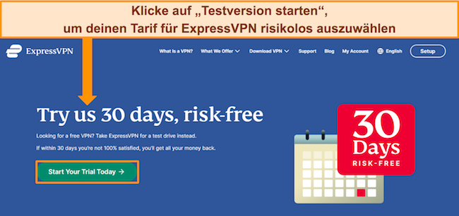 Bild der offiziellen Website von ExpressVPN mit Hervorhebung des Links „Starten Sie Ihre Testversion noch heute“