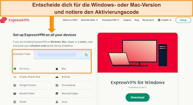 Bild der Website von ExpressVPN, das die Download-Optionen für Windows und Mac zeigt und den Benutzer auffordert, seinen Aktivierungscode zu notieren