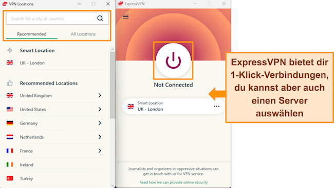 Screenshot der Windows-App von ExpressVPN mit der Schaltfläche „Smart Connect“ und dem Menü „Serverstandorte“.