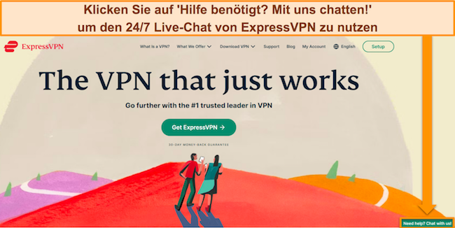 Bild der Website von ExpressVPN mit Hervorhebung der Live-Chat-Supportoption