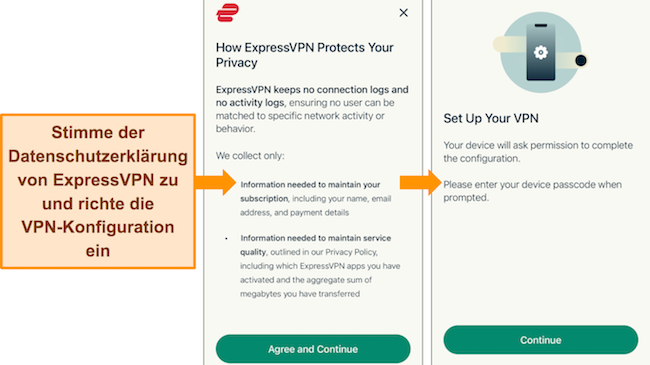 Bilder der mobilen App von ExpressVPN, die Berechtigungen zur Installation von VPN-Konfigurationen und zur Zustimmung zur Datenschutzrichtlinie zeigen