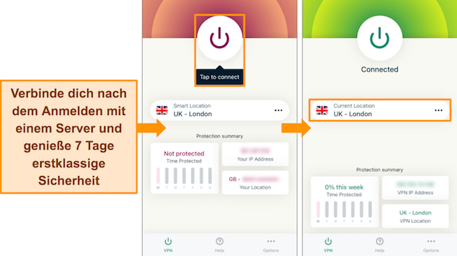Screenshots der ExpressVPN-Apps, die zeigen, wie man eine Verbindung zu einem Server herstellt